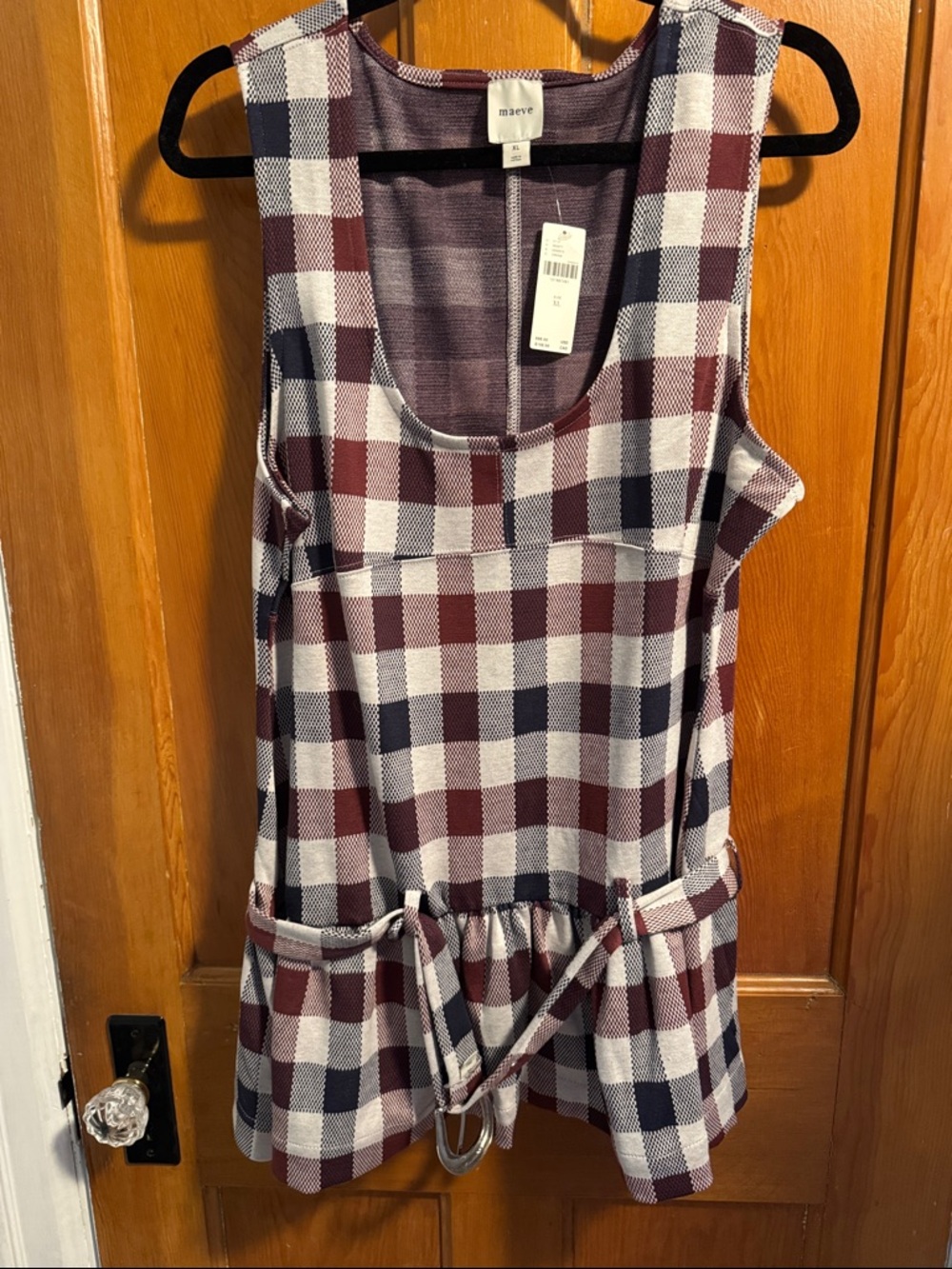 Maeve Burgundy, Navy & White Plaid Sleeveless Peplum Top